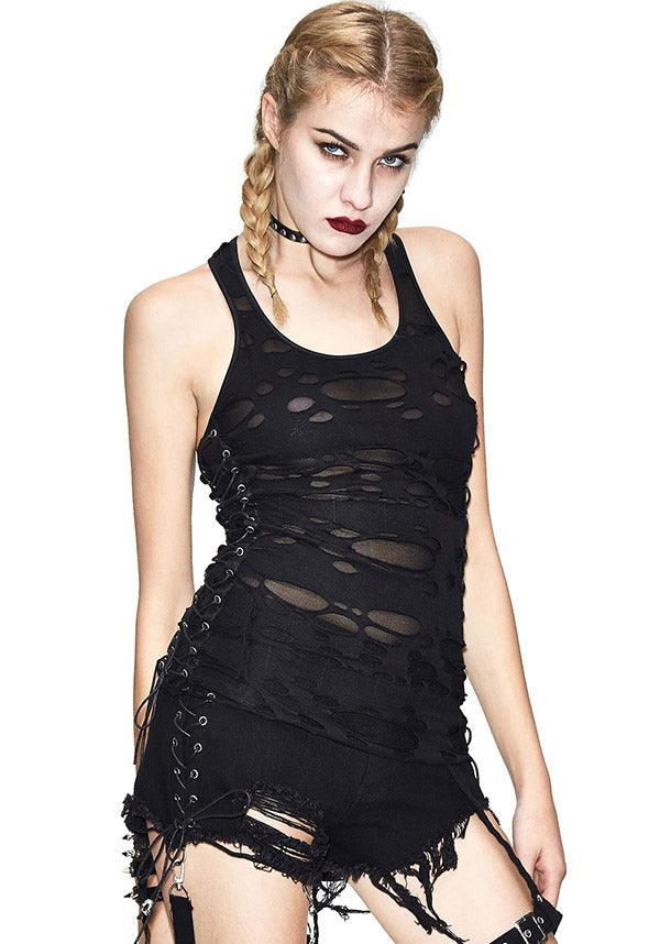 grunge punk distressed tank top - black with side lace-up and ripped details