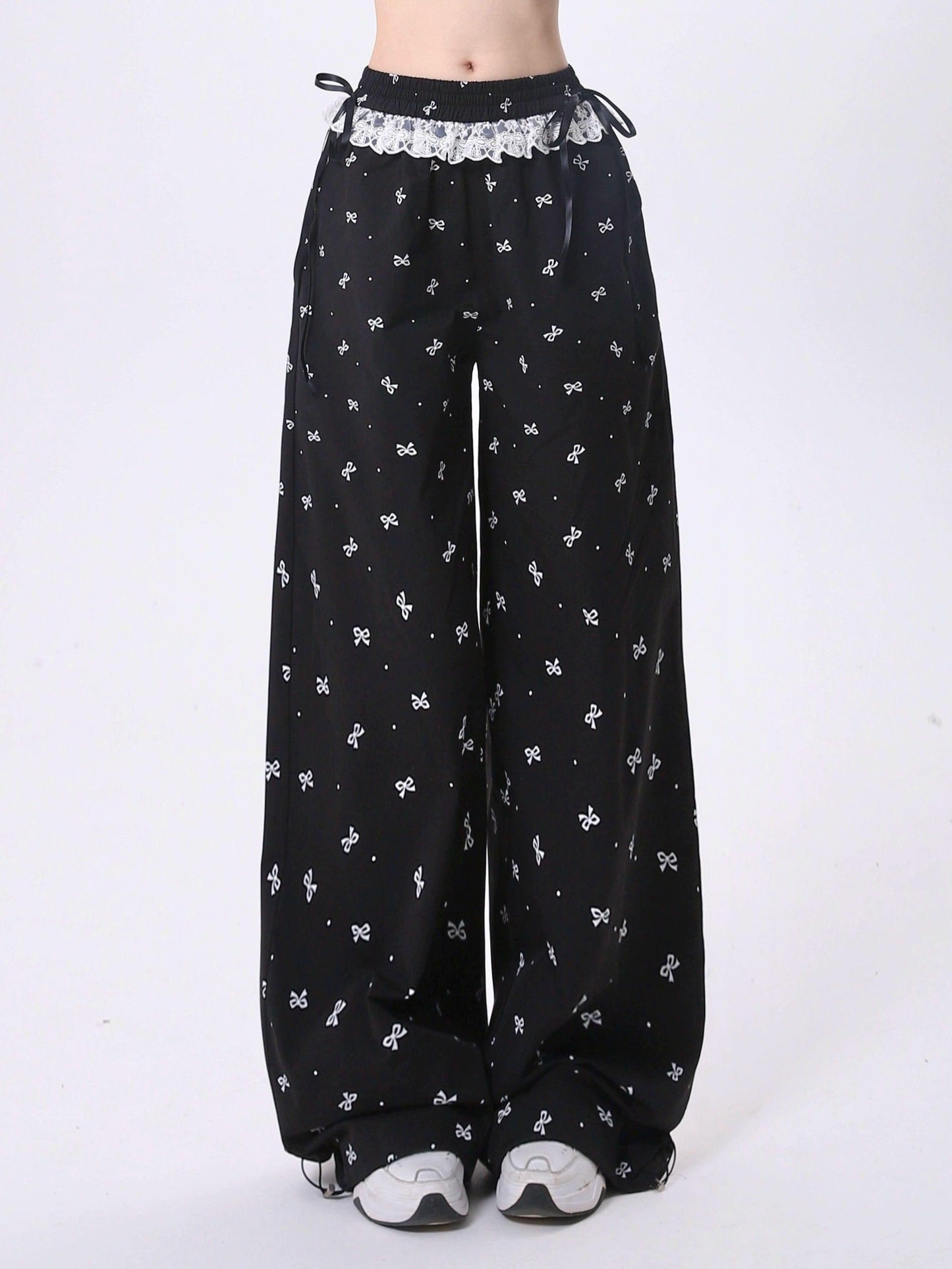 women's bow-print wide-leg palazzo pants - drawstring waist lounge trousers with lace trim