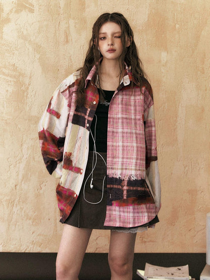 oversized patchwork plaid shirt - unisex grunge tie-dye flannel button-up jacket