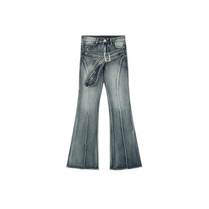 retro flared denim jeans - distressed gray wash with detachable belt and raw hem