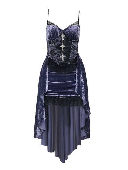 gothic velvet corset dress set - purple high-low gown with lace trim and black lace bolero