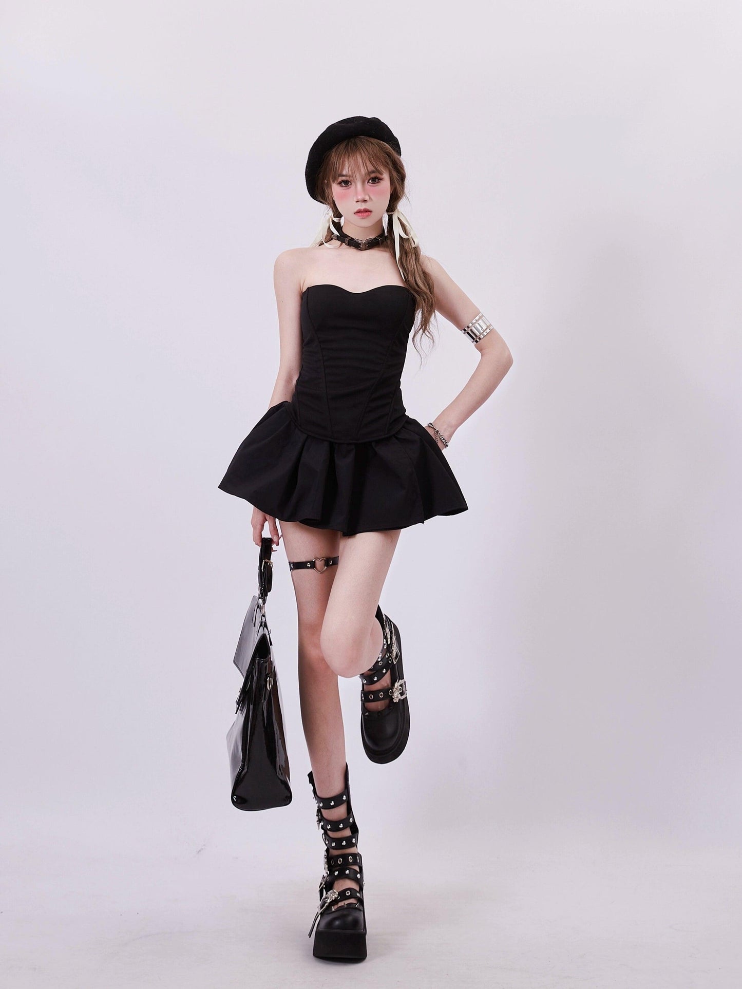 high-waisted flared mini skirt - solid black skater style with elastic waistband