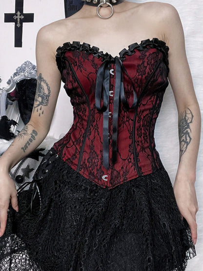 this gothic lace-up corset - red and black floral brocade bustier with ruffle trim