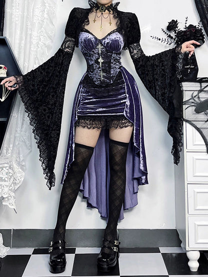 gothic velvet corset dress set - purple high-low gown with lace trim and black lace bolero