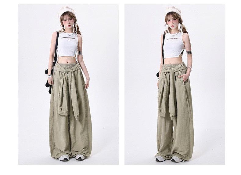 women's wide-leg palazzo pants - elastic waist maxi skirt overlay with front tie