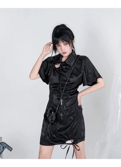 gothic cheongsam mini dress - black satin with dragon print, cross charms, and asymmetric hem