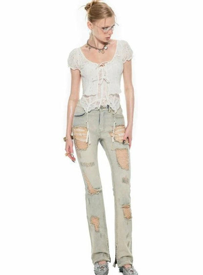 light wash distressed straight leg jeans - women's high-rise ripped denim pants