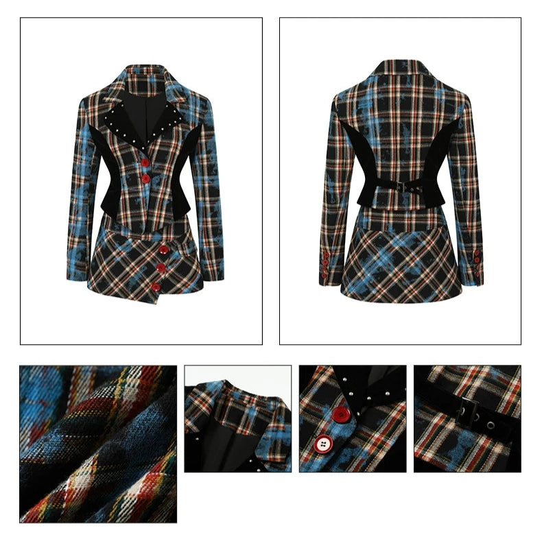 punk rock plaid jacket set - studded collar blazer with asymmetric mini skirt