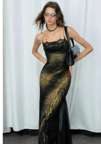 celestial print evening wear set - women's galactic mermaid gown with matching bell sleeve bolero