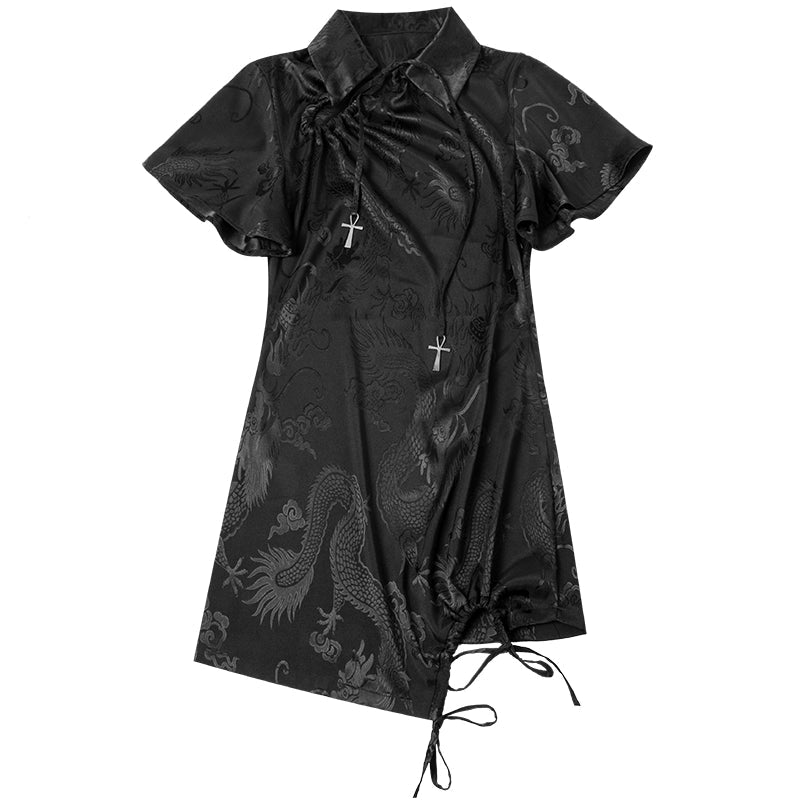 gothic cheongsam mini dress - black satin with dragon print, cross charms, and asymmetric hem