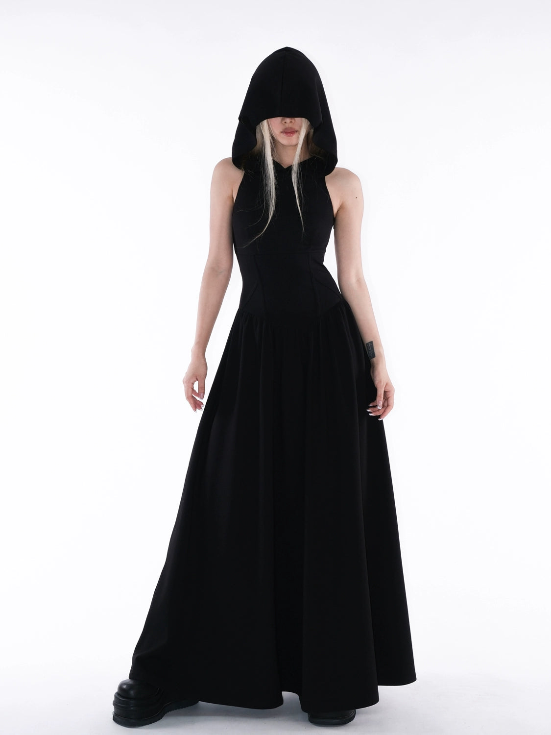 gothic hooded maxi dress - sleeveless black floor-length gown with attached hood