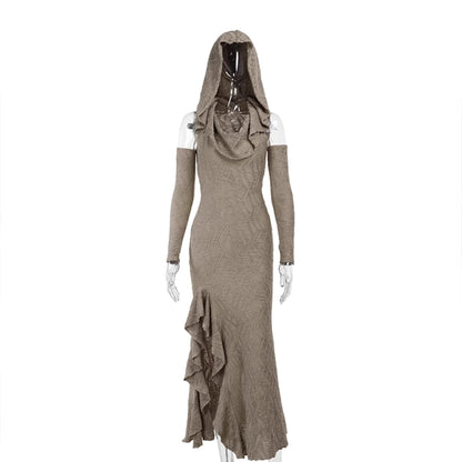 avant-garde hooded maxi dress - taupe cold shoulder gown with ruffle detail