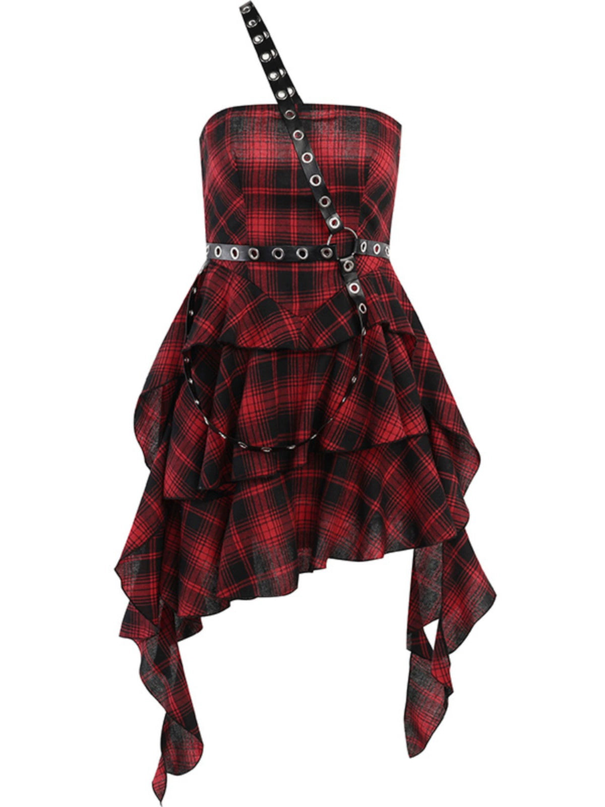 punk tartan mini dress - red plaid ruffle tiered goth dress with studded harness