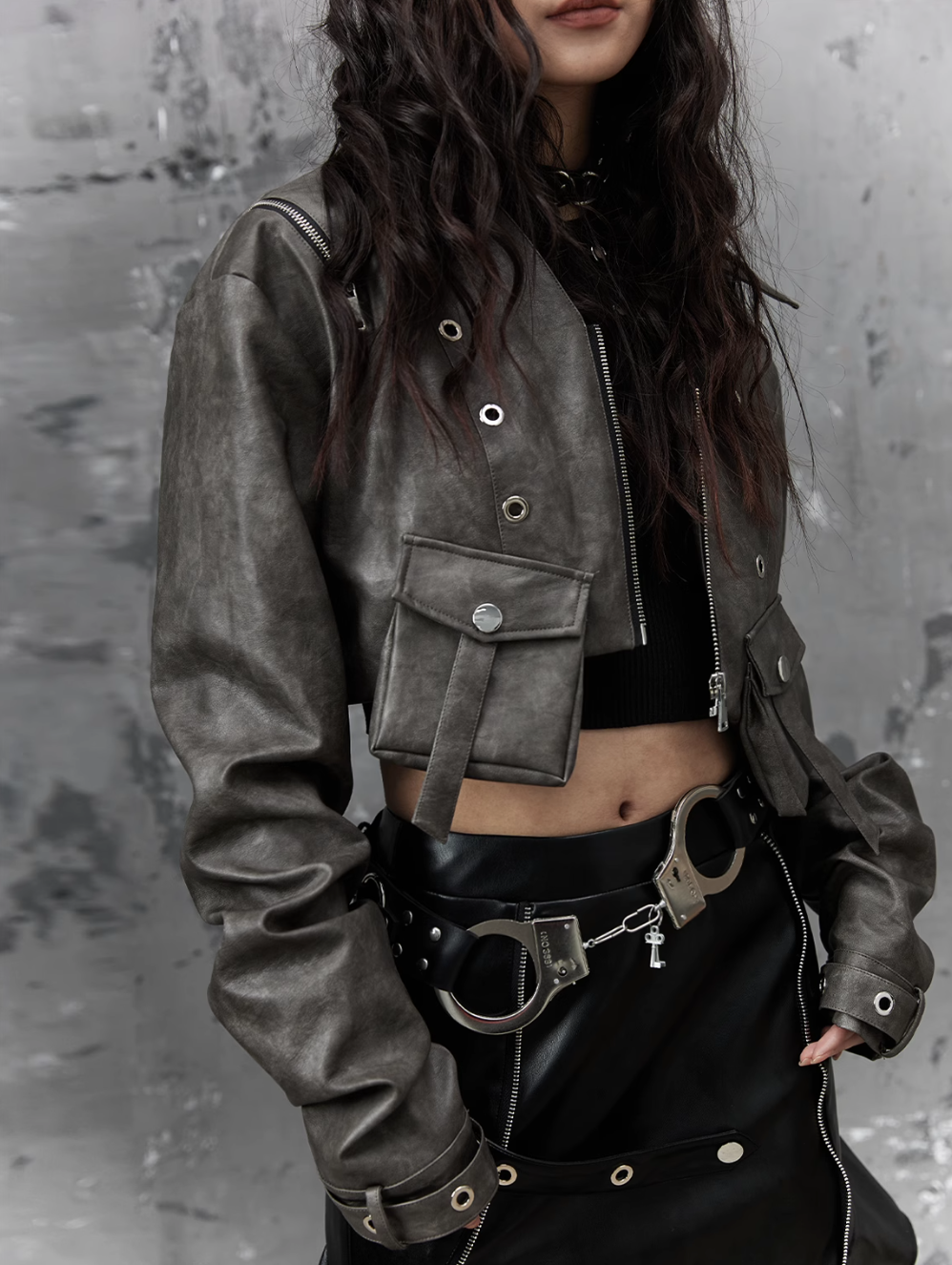 grunge cropped moto jacket - distressed gray leather with multiple pockets