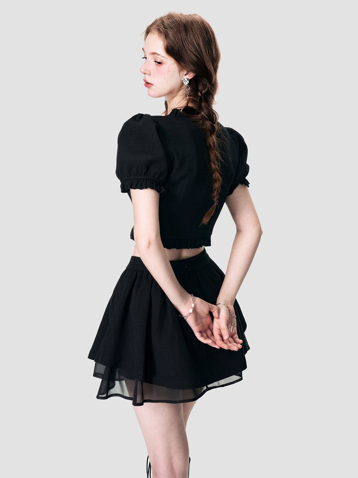 elegant lace chiffon blouse & mini-skirt set