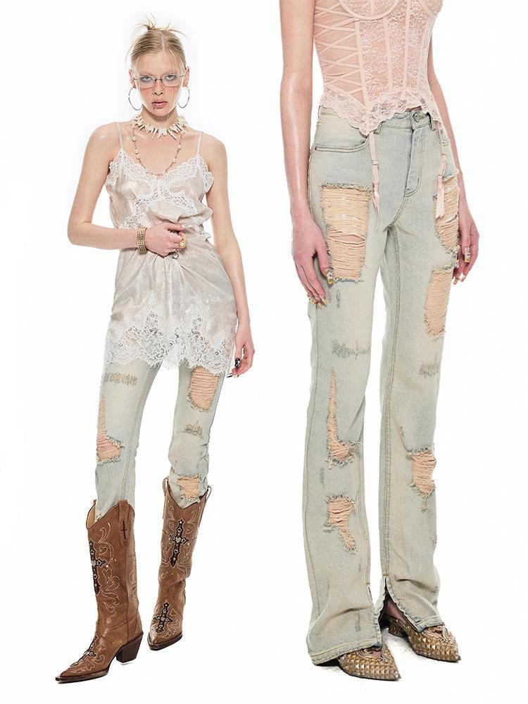 light wash distressed straight leg jeans - women's high-rise ripped denim pants