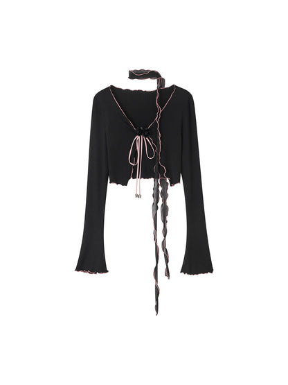 boho chic cropped cardigan - women's bell sleeve wrap sweater with tie front and choker detail