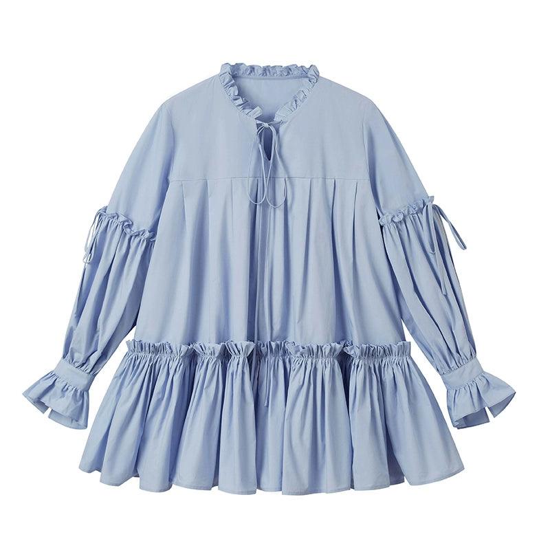 women's ruffled peasant blouse - tiered boho long sleeve top with tie neck