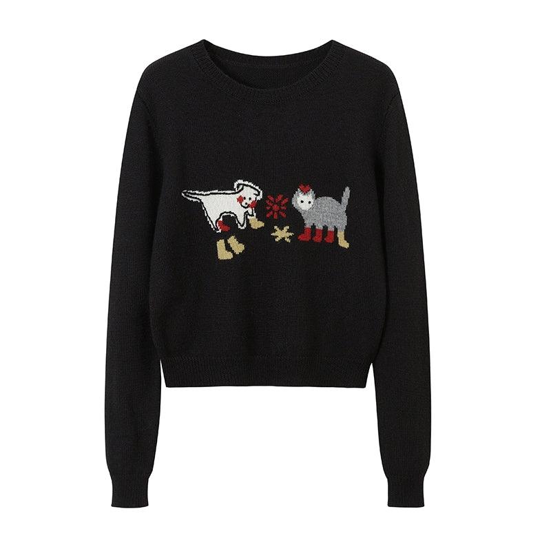 women's festive dog and cat sweater - holiday knit pullover with animal graphics