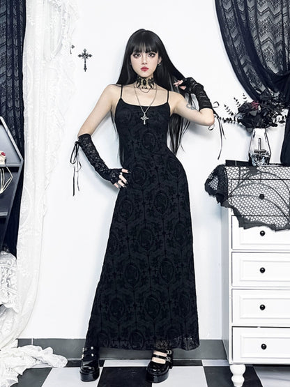 gothic velvet maxi dress - black spaghetti strap burnout gown with lace-up arm warmers