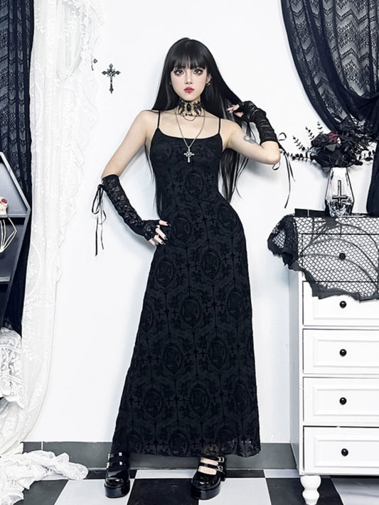 gothic velvet maxi dress - black spaghetti strap burnout gown with lace-up arm warmers