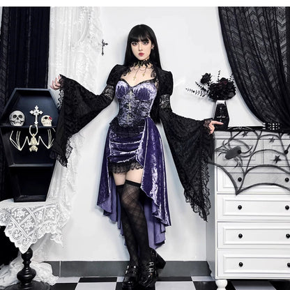 gothic velvet corset dress set - purple high-low gown with lace trim and black lace bolero