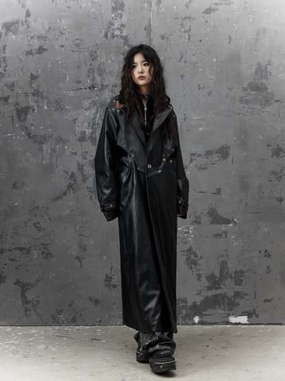 gothic punk maxi coat - black faux leather trench with oversized collar and asymmetrical zip