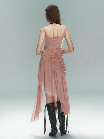 asymmetrical ruched evening gown - women's sleeveless square neck dress with dramatic cascading ruffles