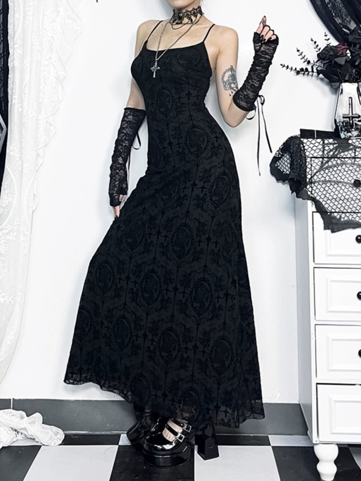 gothic velvet maxi dress - black spaghetti strap burnout gown with lace-up arm warmers