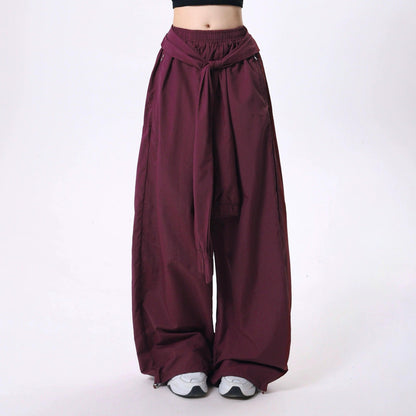 women's wide-leg palazzo pants - elastic waist maxi skirt overlay with front tie