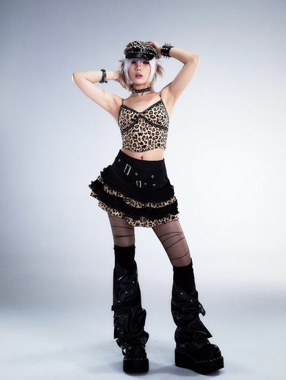 gothic punk mini skirt - black ruffled with leopard print trim and buckle straps