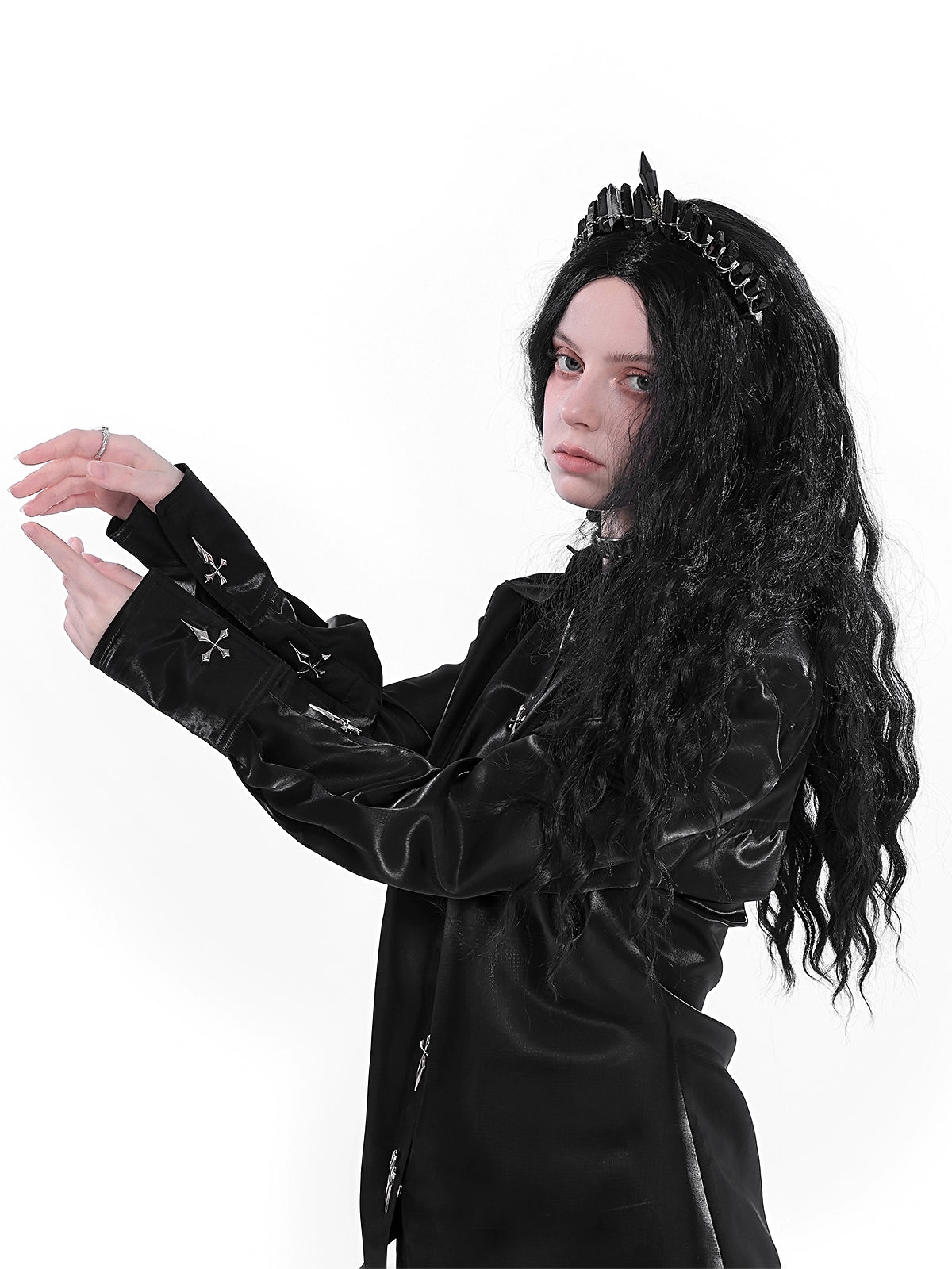 gothic cross-embroidered satin shirt - long sleeve button-down with feather trim