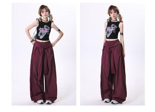 women's wide-leg palazzo pants - elastic waist maxi skirt overlay with front tie